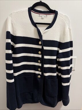 Tommy Hilfiger Navy and White Striped Cardigan with Gold Buttons